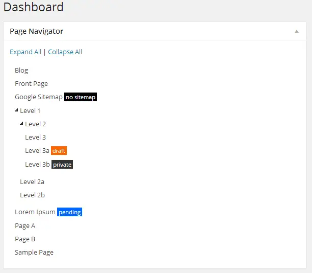 Sample of the "dashboard" page within wp-admin where the widget is active and moved to the top left of the dashboard. (note you can click and drag the widgets around from the title of each widget)